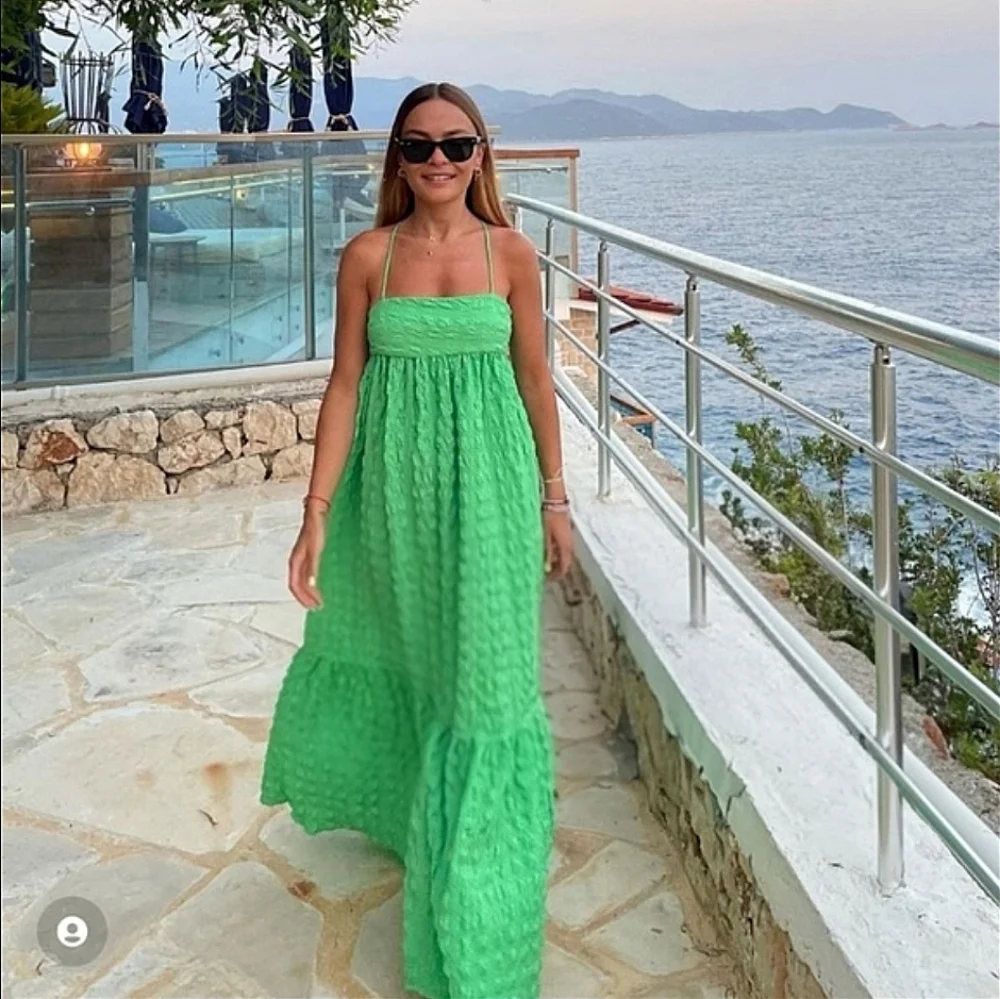 ZARA VOLUMINOUS TEXTURED DRESS Maxi Flowy Boho Green size M